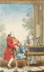 Porträt von Wolfgang Amadeus Mozart (Salzburg, 1756-Wien, 1791) spielt in Paris mit seinem Vater Jean...